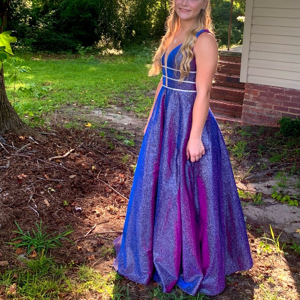 Camille La Vie Iridescent Magenta Blue and Purple Formal Gown